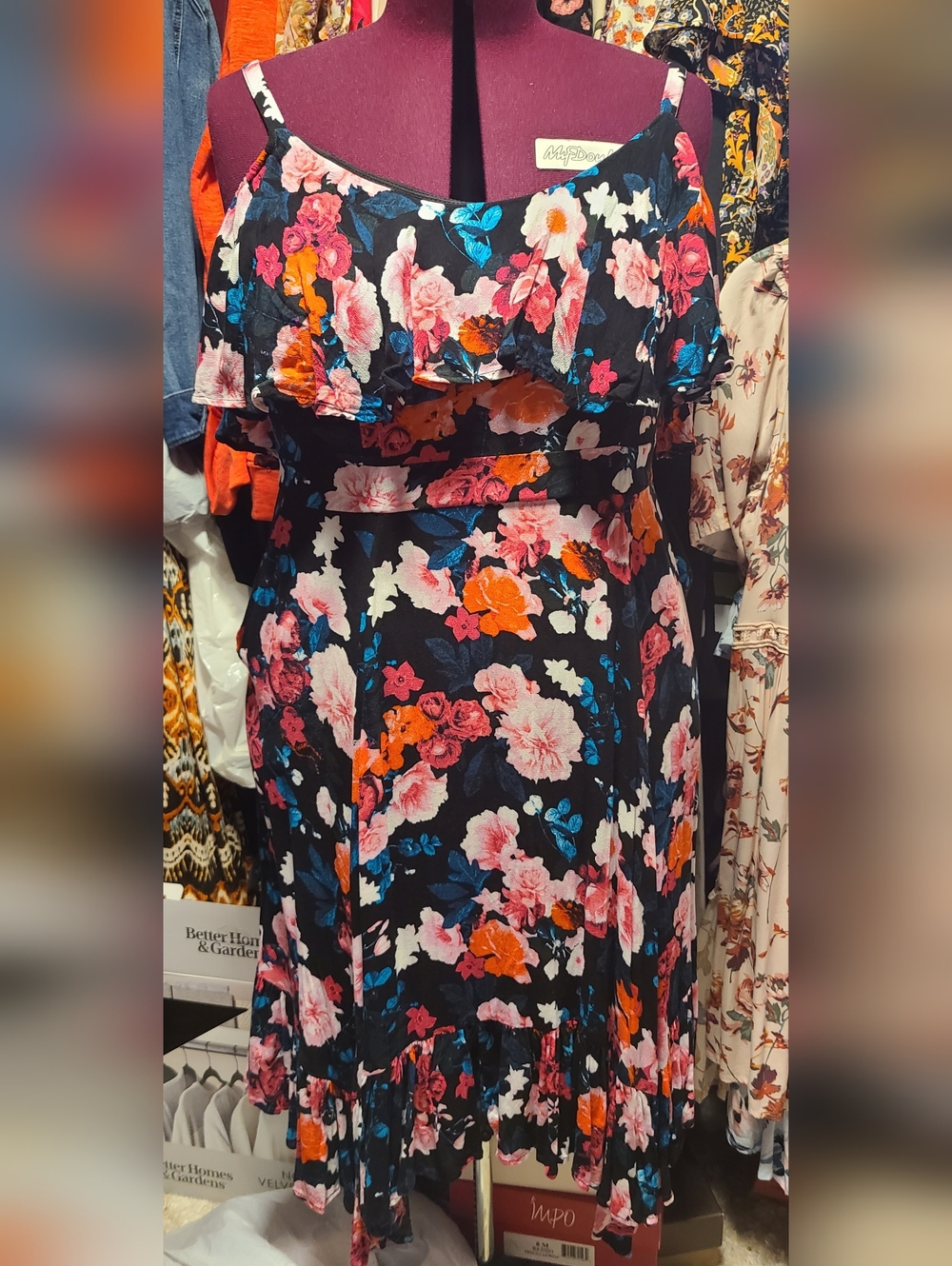 Floral Off-Shoulder Ruffle Summer Dress - Black with Pink & Orange Blooms